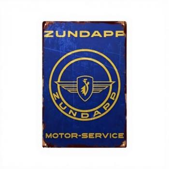 Zündapp Service Schild in Blau / Gelb 20 x 30 cm auf Retro getrimmt mit Rostansatz