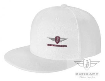 Zündapp Basecap Snapcap flach in Weiß, mit Rot / Silbernen Flügelwappen mit Schriftzug seitlich