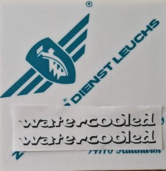 Zündapp Aufkleber 2x "Watercooled" Schrift Weiß / Schwarz  Seitendeckel KS 50 Typ 517 517-10.263