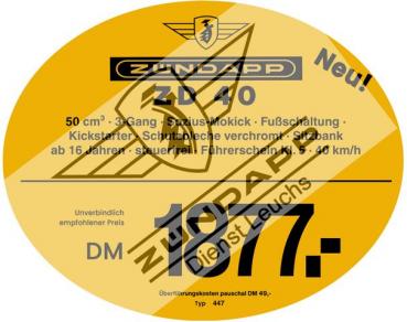 Zündapp Preisschilder Preisschild - 70er Jahre -