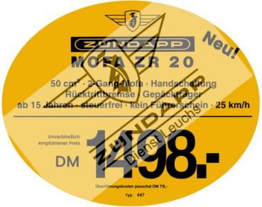 Zündapp Preisschilder Preisschild - 70er Jahre -