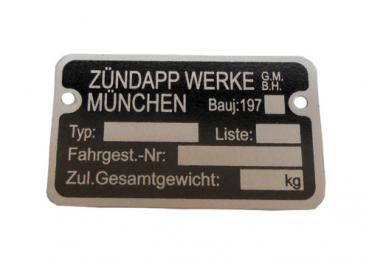 1x Zündapp Rahmenschild Typenschild 197_ Blanko