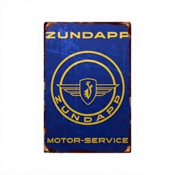 Zündapp Service Schild in Blau / Gelb 20 x 30 cm auf Retro getrimmt mit Rostansatz