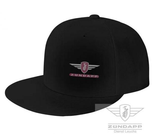 Zündapp Basecap Snapcap flach in Schwarz , mit Rot / Silbernen Flügelwappen mit Schriftzug seitlich