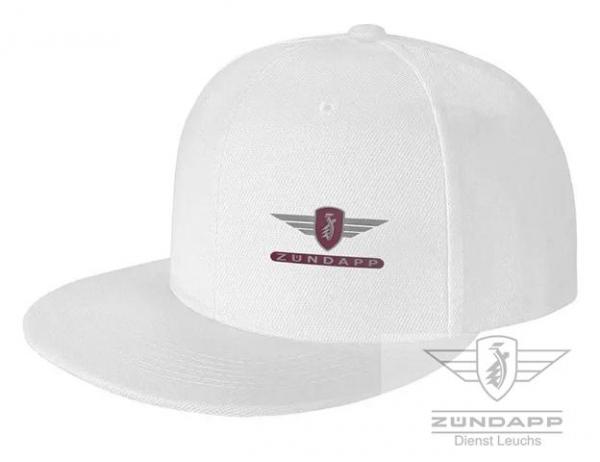 Zündapp Basecap Snapcap flach in Weiß, mit Rot / Silbernen Flügelwappen mit Schriftzug seitlich