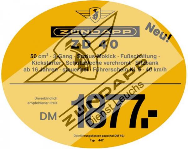 Zündapp Preisschilder Preisschild - 70er Jahre -