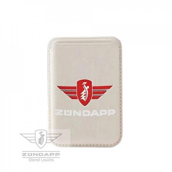 Zündapp Magnetische RFID Geldbörse/Kartenhalter für Handy , in Weiß mit Rot/weißen Zündappflügel und Schriftzug