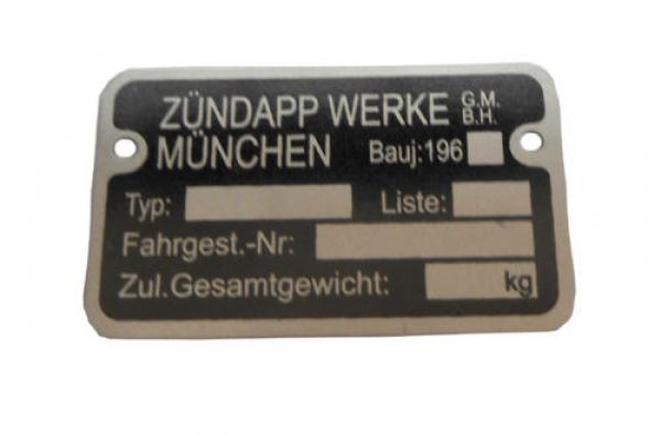 1x Zündapp Rahmenschild Typenschild 196_ Blanko